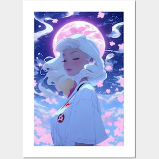 Beautiful anime nurse with pink moon moon lover aesthetic Posters and Art